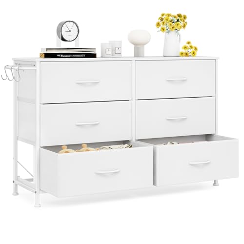 Flur Kommode mit 6 Stoffschubladen - Wohnzimmer Industrial Metall Schubladenschrank - Eingangsbereich rustikaler Aufbewahrungsschrank - Schlafzimmer Stoffkommode Kleidung - Weiß 100x30x65cm