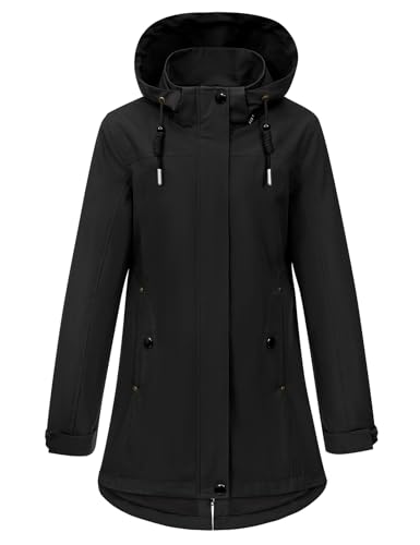 heekpek Übergangsmantel Damen Elegant Mantel Frühling Leichte Jacke Parka Frühlingsjacke Outdoor Windjacke Softshell Übergangsjacke mit Kapuze, Kordelzug für Frühling Herbst(Schwarz, M)