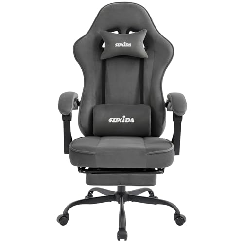 SUKIDA Gaming Stuhl Stoff, Ergonomischer Gaming Chair mit Fußstütze, Verstellbarer Racing Computerstuhl mit Lordosenstütze, Grau Ergonomisch PC-Stuhl