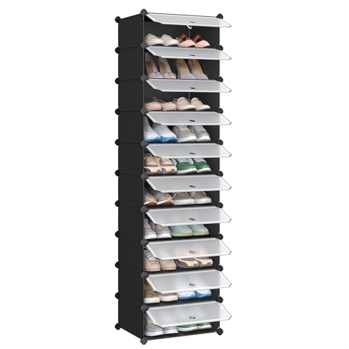 SONGMICS Schuhregal, Steckregal, Regalsystem, Schuh-Organizer, DIY-Regal, mit Tür, aus PP-Kunststoff, 10 Ebenen, schwarz LPC10HV1
