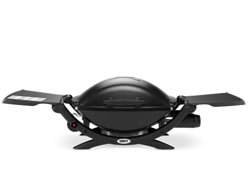 Weber Q2000 Gasgrill, 54 x 39cm Grillfäche, portabler BBQ Grill, 1 Brenner, mit ausklappbaren Seitentischen, 2-geteilter porzellanemaillierter Guss-Grillrost - Schwarz (53010079)