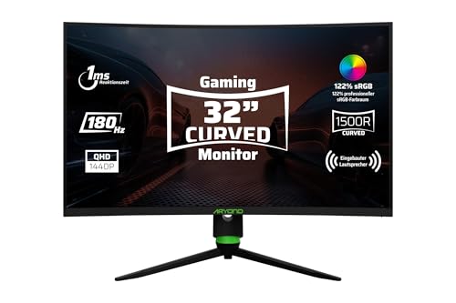Aryond A32 V2 Curved Gaming Monitor, 32 Zoll(80cm), 180Hz, 1500R, QHD (2560x1440), 1ms, HDR, FreeSync&G-Sync, 122% SRGB, Eye Care, Eingebauter Lautsprecher, HDMI, Display Port, Höhenverstellbar