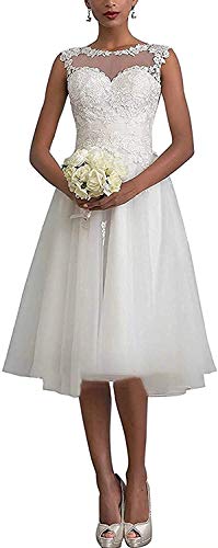 WZEFEIO Kurz Brautkleid A-Linie Spitzen Hochzeitskleid Standesamtliche für Damen Vintage Brautmode Hochzeit Partykleid, Weiß, 38