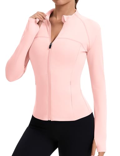Tisfeer Sportjacke Damen Laufjacke Leicht Fitness Sport Oberteile Sportkleidung Frauen Langarm Gym Yoga Trainingsjacke Dünne Jacke Outfit Shirt Top mit Daumenloch Rosa M