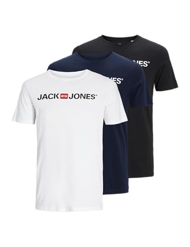 JACK & JONES Herren JJECORP Logo Tee SS Crew Neck 3PK MP T-Shirt, White/Pack:1Black 1Navy Blazer 1 White, XL