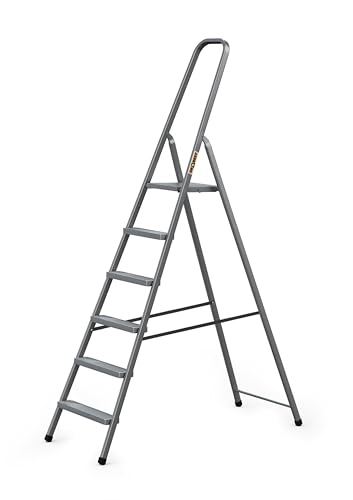 DRABEST - Stehleiter - mit 6 Stufen - bis 125 kg belastbar - 1,97 m lang - Arbeitshöhe 3,2 m - Trittleiter, Bockleiter aus Stahl pulverbeschichtet - für Haushalt, Malerarbeiten - Grau
