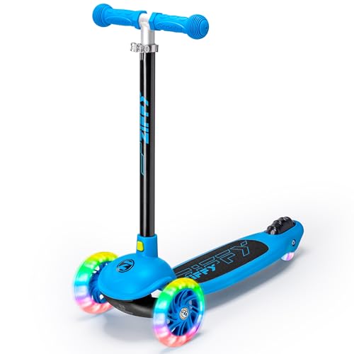 ZIFFY Kinder Scooter 3 Rad, 5-Fach höhenverstellbarer Tretroller für Kinder ab 3-8 Jahre, Faltbarer Kinderroller mit Leuchtenden Rädern & Breitem Deck, Geschenk für Jungen und Mädchen ab 3-8(Blau)