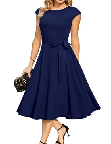 DRESSTELLS Cocktailkleid Damen Blau Festliche Kleider 1950er Knielang Rockabilly Hochzeitkleid Abendkleid Kurz Swing Partykleid Vintage Petticoat Kleid Navy L