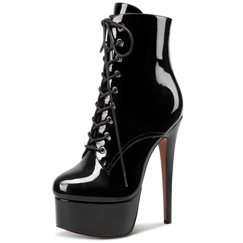 NobleOnly Damen Stiletto Hoher High Plateau Plattform Absatz Heel Runde Zehenkappe Schnüren Schnürung Reißverschluss Dress Klassisch Stiefeletten Schwarz Lackleder 41 EU