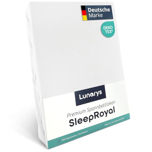 Lunarys® SleepRoyal Luxus Spannbettlaken 200x200 cm - Weiß - 250 g/m² Premium Bettlaken - 40 cm Steghöhe - für hohe Matratzen, Boxspringbett & Matratze + Topper & Wasserbett - Stretch Jersey