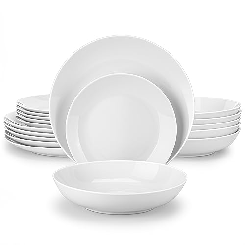 MALACASA Geschirrset 6-12 Personen, Amelia 18-tlg Modernes Porzellan Geschirr Set, Tafelservice mit je 6 Speiseteller, Dessertteller, Suppenteller Teller Set 6 Personen - Weiß
