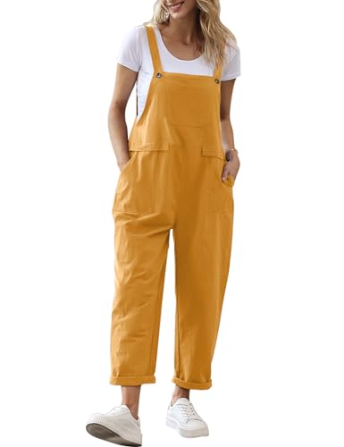 YESNO Damen Latzhose Sommer Oversize Trägerhose Beiläufig Loose Bib Pants Overall Baggy Jumpsuit Strampler Sommerhose mit Träger (M PV9DE Ingwer)