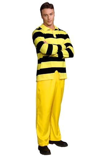 Mainfini 2 Teiliges Herren Gefangenen Kostüm mit gestreift Gelb und Schwarz Gefangenen Brüder Klassischer Comic Kölner Karneval Outfit L