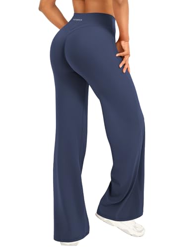 YEOREO Straight Leggings Damen Invisible Scrunch Hohe Taille Gym Pants No Front Seam Weitem Bein Yoga Hose Blickdicht Elastische Flared Leggings Soft Nahtlose Sport Schlaghose Marineblau M