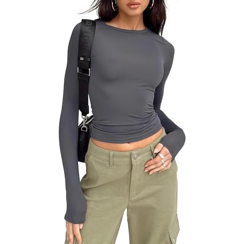 Sfit Langarmshirt Slim Fit Damen Y2K Oberteile Langarm Shirts Rundhals Cropped Tee Einfarbig Basic Crop Tops Casual Athletisches Top Teenager Streetwear(Dunkelgrau,S)