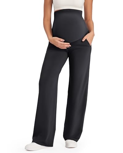 G4Free Umstandshose Damen Hohe Taille Yogahose mit Taschen Weites Bein Umstandsmode für Schwangere Lang Freizeithose Stretch Lose Gerade Hose(Schwarz,XL,30