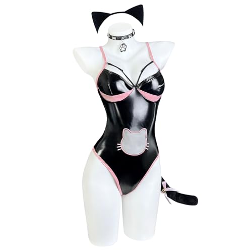 KORURACLUB Sexy Katzen Bodysuit Cosplay Anime Outfit Katzen Cosplay Women Dessous Halloween cosplay Dessous für Damen(Schwarz XL)