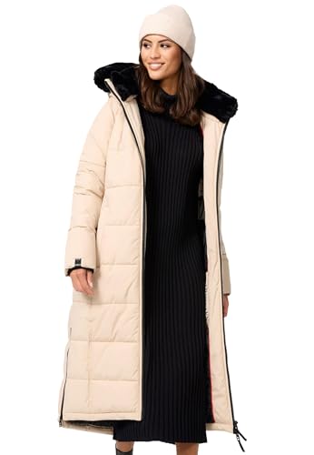Navahoo Damen Wintermantel (XS-XXL) - Kapuze & Fell abnehmbar, Teddyfell innen, Lange Winterjacke, Warme Jacke Frauen B990 (S, Beige)