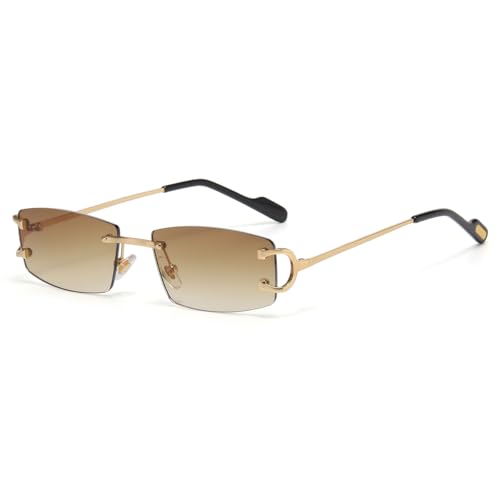 LIGOES Mode Quadrat Sonnenbrille UV400 Metall Unisex randlose Sonnenbrille für Männer Frauen (gold with brown)