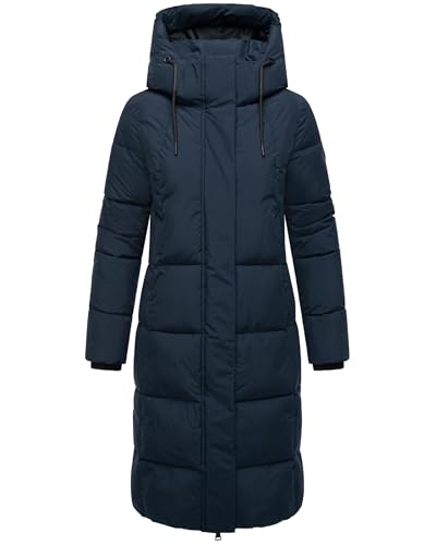 MARIKOO Damen Langer Wintermantel warmer Steppmantel mit abnehmbarer Kapuze und magnetischen Details Chumanii XVI Navy Gr. M
