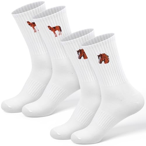 Jadive 2 Paar Lustige Socken Damen Herren 36-43 Tennissocken mit Faultier Pinguin Pferde Capybara Eule Bestickte Motiv Socken Tiersocken Baumwolle Crew Socks Geburtstagsgeschenk(Pferde)