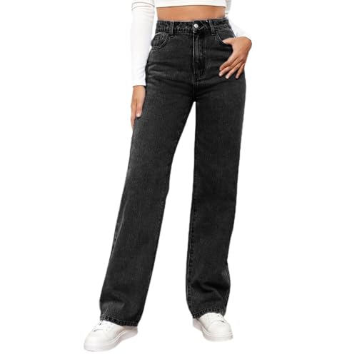 Jeans Damen Baggy, Baggy Jeans Damen High Waist Weites Bein Straight Leg Jeanshosen Teenager Mädchen Breite Hose Lockere Stretchjeans Stretch Damenjeans Sommerjeans Y2k Große Größe XS-6XL Black S