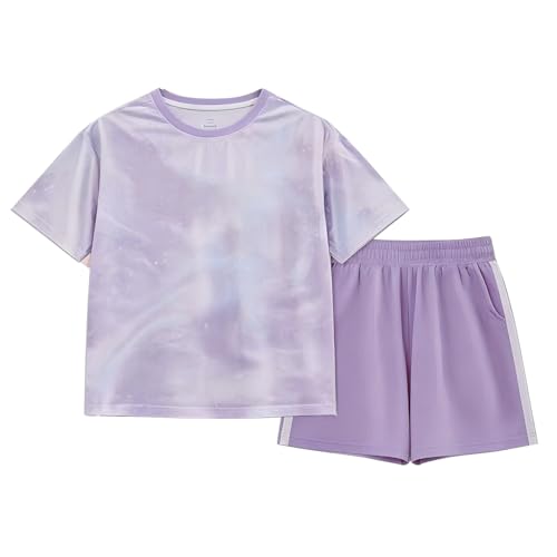Tilozs Mädchen Kurz Atmungsaktiv Sport Set Kinder Training Jogging Trainingsanzug 2tlg Bekleidungsset, Lila, 134-140(Größenetikett,140)