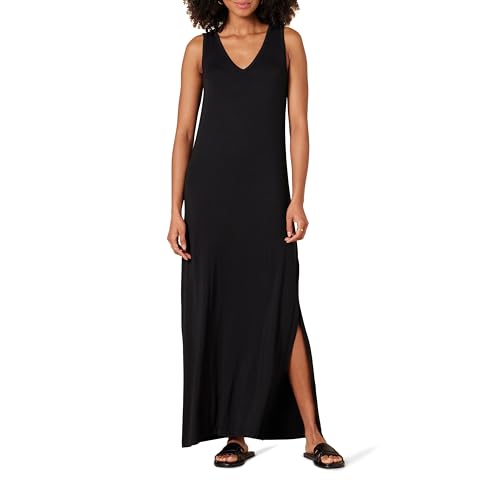 Amazon Essentials Damen Maxikleid Aus Jersey Mit Seitenschlitz Und V-Ausschnitt, Schwarz, S