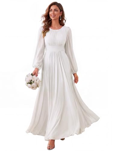 Ever-Pretty Abendkleider Elegantes Damen Für Hochzeit Lang Langarm Brautjungfernkleid Chiffon V-Ausschnitt Ballkleider Weiß 42