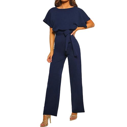 Coloody Damen Lang Jumpsuit Overall Hosenanzug Elegant Romper Kurzarm Rundhals Playsuit mit Gürtel Hosenanzug Breite Weites Bein Overall