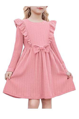 Arshiner Mädchen Kleider Rüschen Ärmel Freizeitkleid Fliege Rippstrick A-Linie Langarmkleid Festliche Herbst Winter Kleid für Kinder 7-8 Jahre Rosa