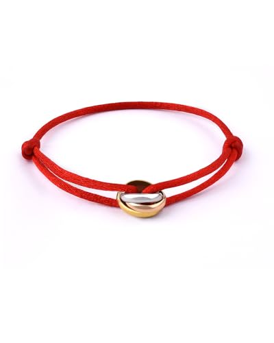 QianSiLi Armband mit Ring, dreifarbig, rote Glücksarmbänder, Armband für Damen und Herren, verstellbar, Edelstahl, Nylon Edelstahl