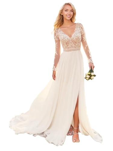IUYRESX Wickelkleider,Damen Boho Langärm Hochzeitskleid Vintage Strand V-Ausschnitt Brautmode Spitze Brautkleider Standesamt Kleider Elfenbein 40
