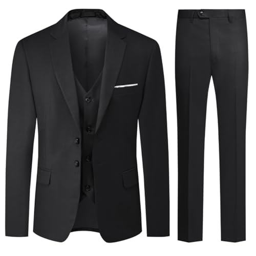Allthemen Herren Anzug 3-Teilig Slim Fit Einreihig Zwei Knöpfe Hochzeit Smoking Anzug Blazer Weste Hose Schwarz XL