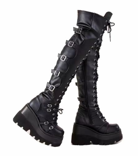 Gothniero Schwarze Plateau-Stiefel über das Knie, Oberschenkelhoch, Gothic-Stiefel für Damen, klobiger Absatz, Rave-Motorradstiefel mit Schnallen, seitlichem Reißverschluss, Schnürstiefel, Größe 3-8