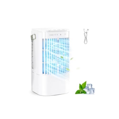 Mobile Klimaanlage, 120° Oszillation klimaanlage mobil, USB 4 in 1 klimaanlage ohne abluftschlauch mit 2/4 H Timer, 3 Geschwindigkeiten & 3 Nebelmodi, 7 Farben Mini Klimaanlage für Hause, Büro