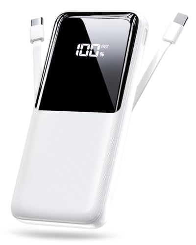 Tragbares Ladegerät mit 15.000 mAh, Schnelllade-Powerbank mit 2 integrierten Kabeln und 3 Anschlüssen, Akkupack kompatibel mit iPhone 16/15/14/13, Android und mehr, Weiß