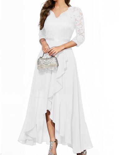 Bbonlinedress Abendkleider elegant für Hochzeit lang Sommerkleid Spitze Chiffon V-Ausschnitt Brautjunferkleid Party Abschlusskleid festliches Ballkleid White L