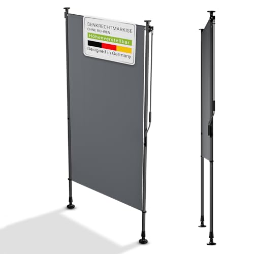 Juskys® Senkrechtmarkise Barbados 100x310 cm - Balkon Sichtschutz wetterfest - Ausziehbare Seitenmarkise ohne Bohren für Garten und Balkon - Grau