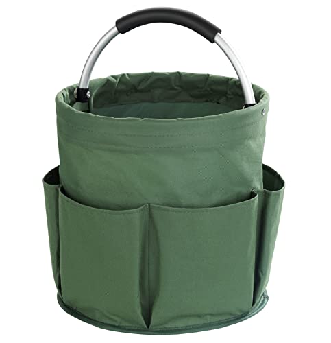 Maximex Gartenwerkzeugtasche mit 6 Außentaschen, 16 l Hauptfach, stabiler Garten Organizer aus wasserabweisendem Polyester mit Aluminiumrahmen, gepolsterter Tragegriff, faltbar, Ø 28 x 26,5 cm, Grün