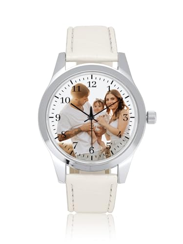JSDDE Personalisiert Armbanduhr mit Fotogravur Lederarmband Analog Quarzuhr Klassische Damenuhr Herrenuhr Personalisiertes Geschenk für Damen Herren (Weiß)
