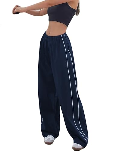 Imuedaen Track Pants Damen Parachute Pants Y2k Hosen Baggy Cargohose Weites Bein Track Pants Vintage Baggy Hosen für Frauen Streetwear Elastische Taille Freizeithose Pants (A Marine, XS-1)