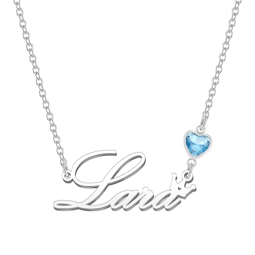 Kraven Damen Kette mit Namen Blauer Geburtsstein-Anhänger Halskette Namenskette Geschenk Personalisiert Damenkette Buchstaben Kette Geschenkidee für Frauen Teenager Mädchen Tochter (Lara)