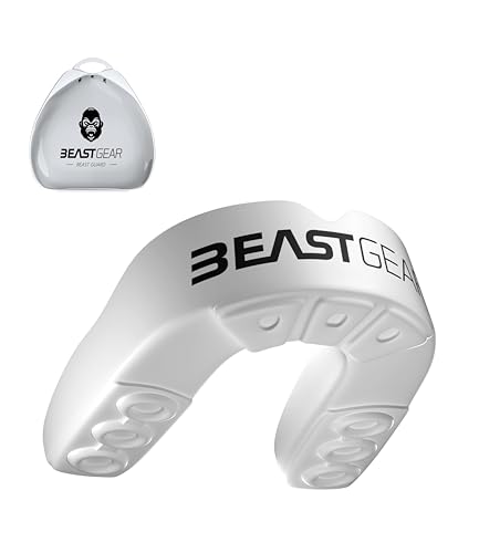 Beast Gear Mundschutz/Zahnschutz - Für Boxen, MMA, Rugby, Kickboxen, Judo, Karate, Hockey & Kampfsport, Sport Zahnschutz mit Praktischer Aufbewahrungsbox, Schützt Zähne, Zahnfleisch & Kiefer,Weiß