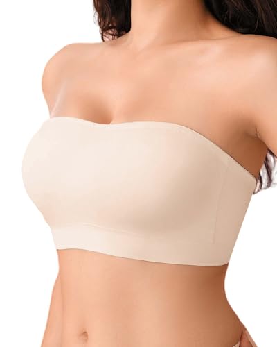 DEANGELMON Trägerloser BH Damen ohne Bügel Bandeau-BH ohne Träger, Nahtlos & Push-Up Tube Top Gepolsterter Bralette mit Rutschfestem Silikon Bügelloser BH für Damen,Beige,M