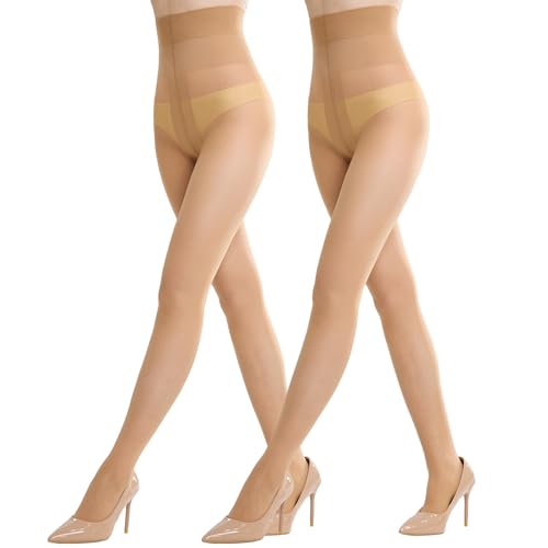 Aaronano 2 Paar Strumpfhose Damen Laufmaschen Feinstrumpfhose Transparente Strumpfhose 10Denier Natur L-XL