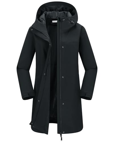 33,000ft Damen Regenjacke Windbreaker Lange Wasserdichte Softshelljacke mit Kapuze Leicht Übergangsjacke Wanderjacke Atmungsaktive Regenmantel für Frühling Sommer und Herbst Schwarz L