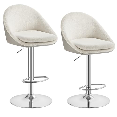 VASAGLE Barhocker, 2er Set, Barstuhl, höhenverstellbar, 360° drehbar, Küchenstuhl, mit Rückenlehne, Sockel, Fußstütze, Stahl, für Theke, Bar, Esszimmer, cremeweiß-Silbergrau LJB110W01