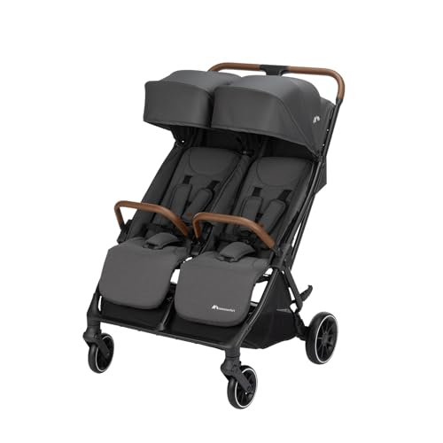 Bebeconfort Mane, Duo Geschwisterwagen, 0+ bis 22 kg, Automatisches Klappsystem, Liegeposition, Drehbare Sicherheitsbügel, 5-Punkt-Gurt, Mesh-Fenster, Regenverdeck, Tasche (8 kg), Mineral Graphite