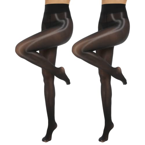 MANZI 2 Paar Glanzstrumpfhosen Damen Sexy Seidenglatt Feinstrumpfhose 15 Den transparent reißfest Schwarz,L-XL